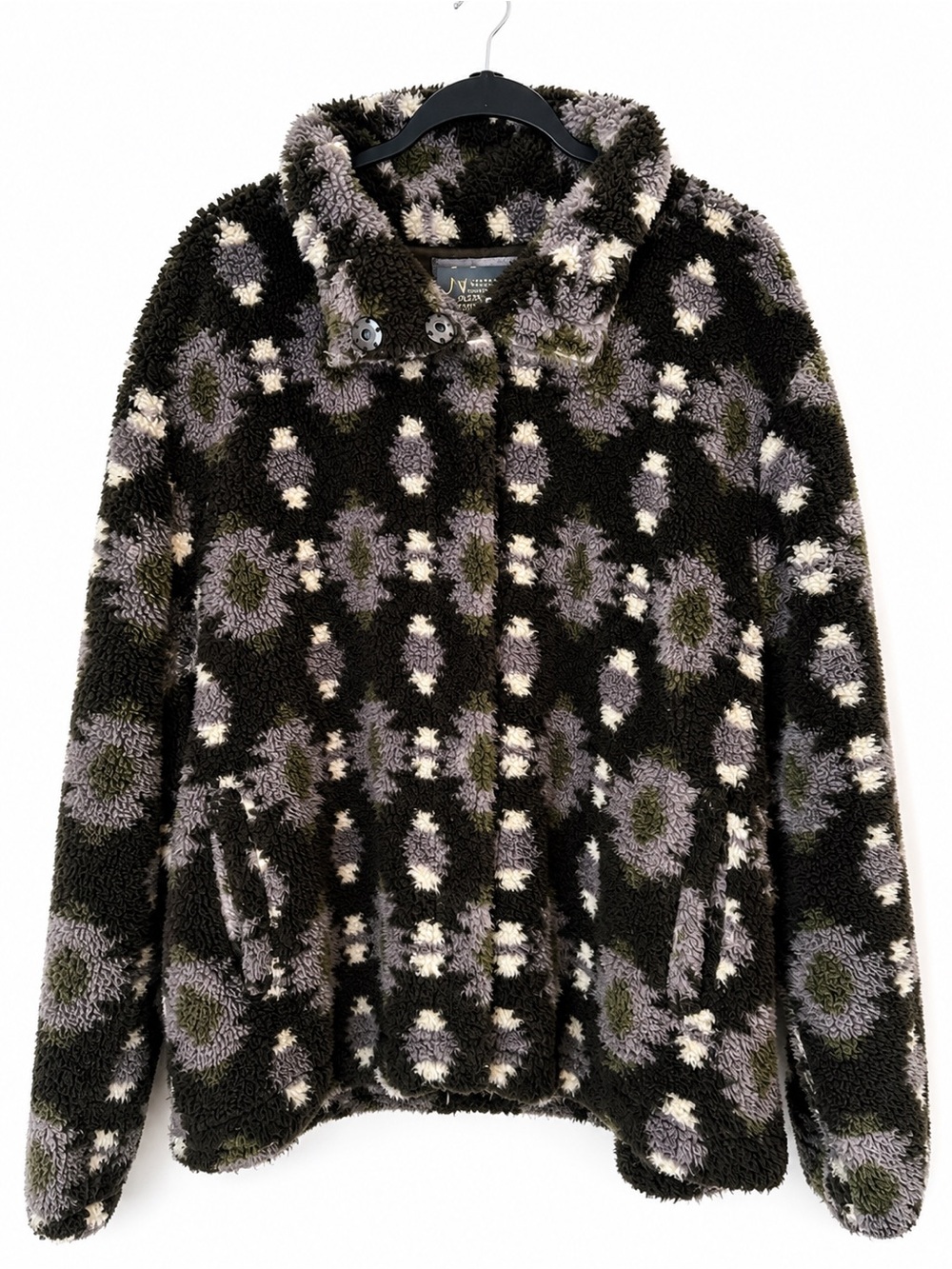 Natural Reflections Fuzzy Floral Sherpa Jacket Snap Front Brown Olive Cream 2X